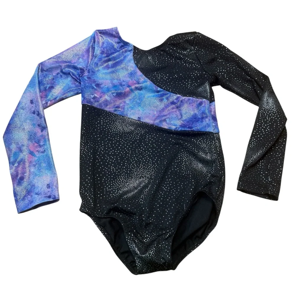 140 (size 9-10) Children's Long Sleeved Leotard in black, purple, and blue